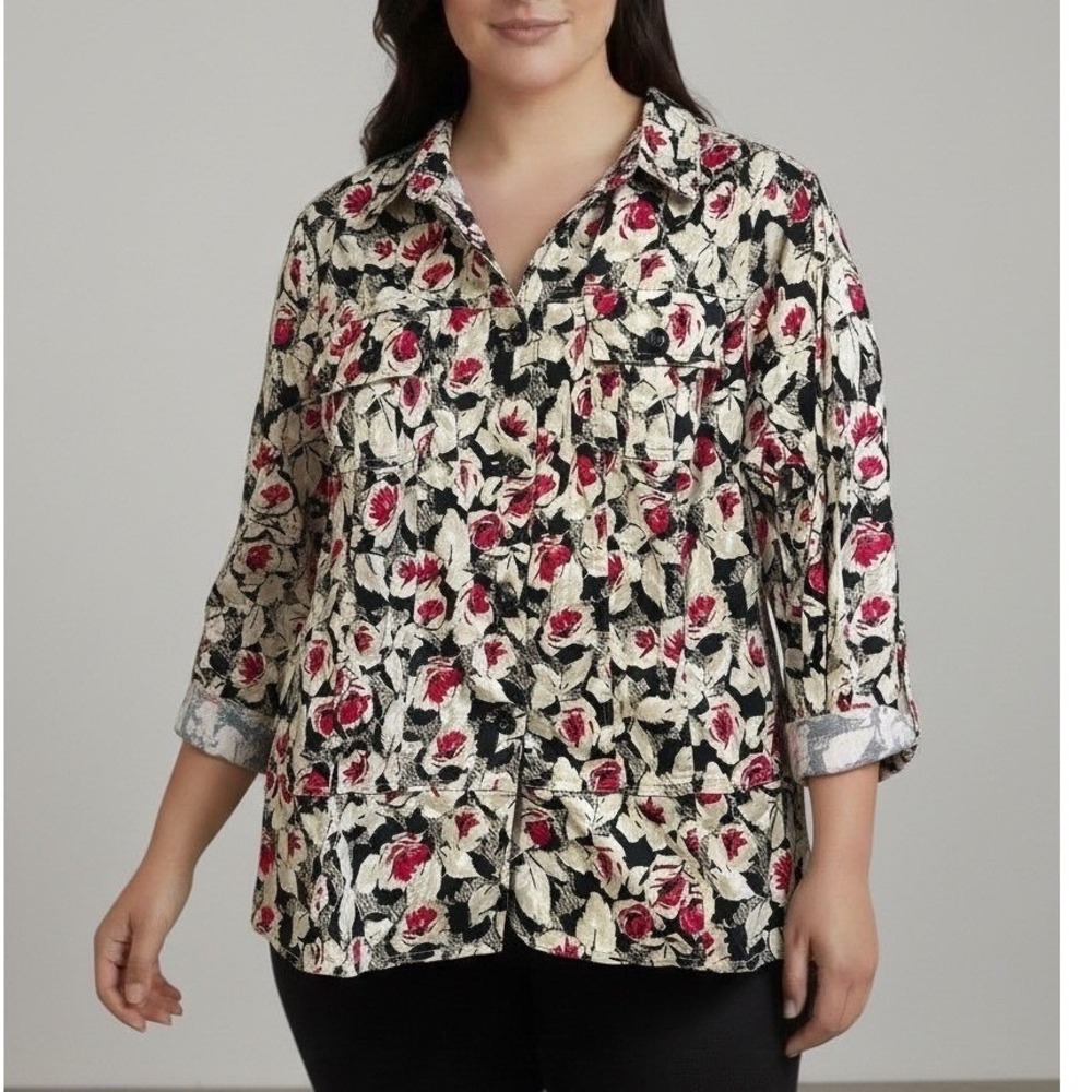 CJ Banks Womens 2X Floral Rose Print Button Down Shirt Jacket Cream Pink Black